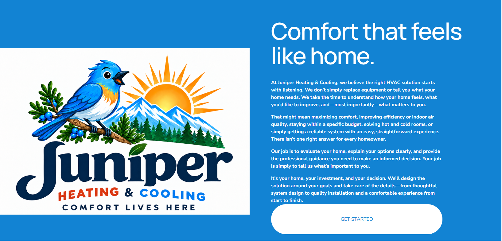Juniper Heating & Cooling logo: blue bird, juniper branches, mountains, and a golden sun. Comfort lives here.